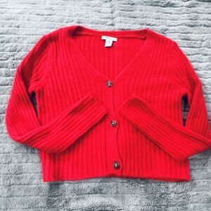 Sincerely Jules Womens Red Fuzzy Ribbed V-Neck Cardigan Sweater  Medium